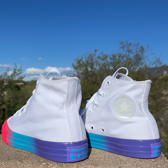 New White & Two-Tone Neon Pink & Turquoise Converse Hi Top Sneakers - Picture 5 of 13